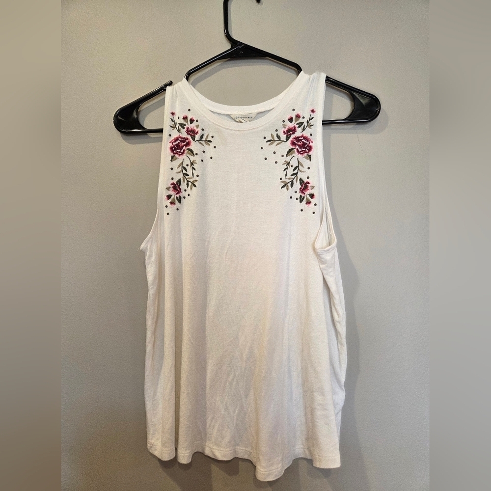 Aeropostale Womens White Pink Floral Embroidered Studded Sleeveless Tank Top